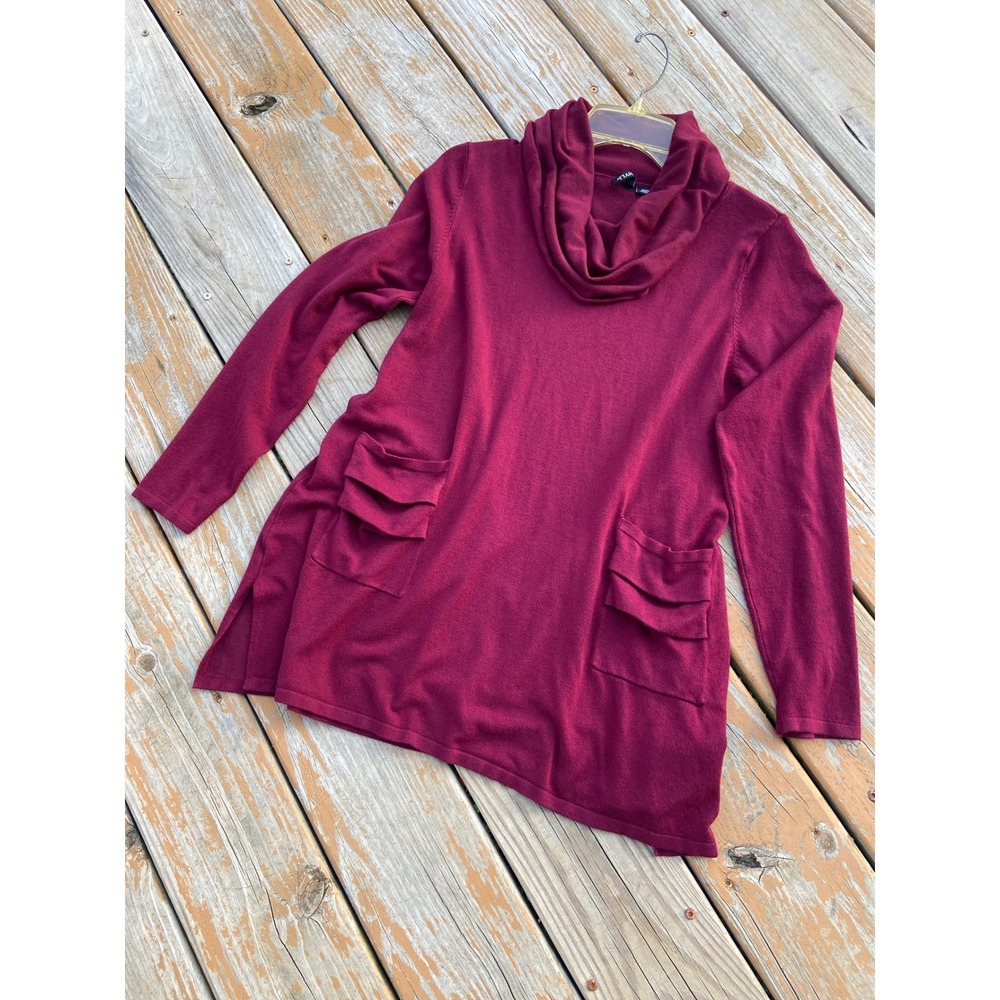 Ethyl Womens Cowl Neck Tunic Sweater Burgundy Ruffle Pockets H235 Small